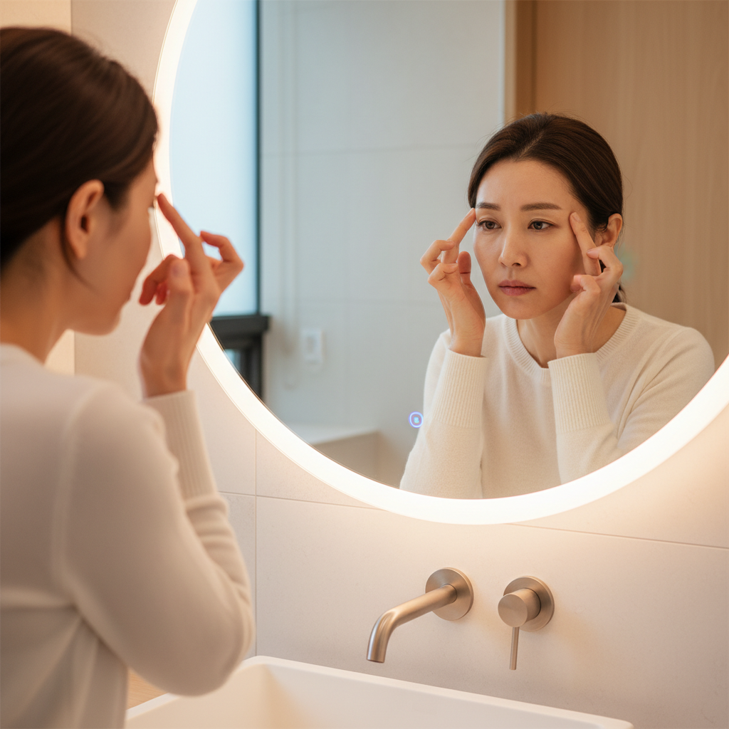 거울 앞에서 미간 주름을 살펴보는 30대 여성 — 부위별 주름 진단