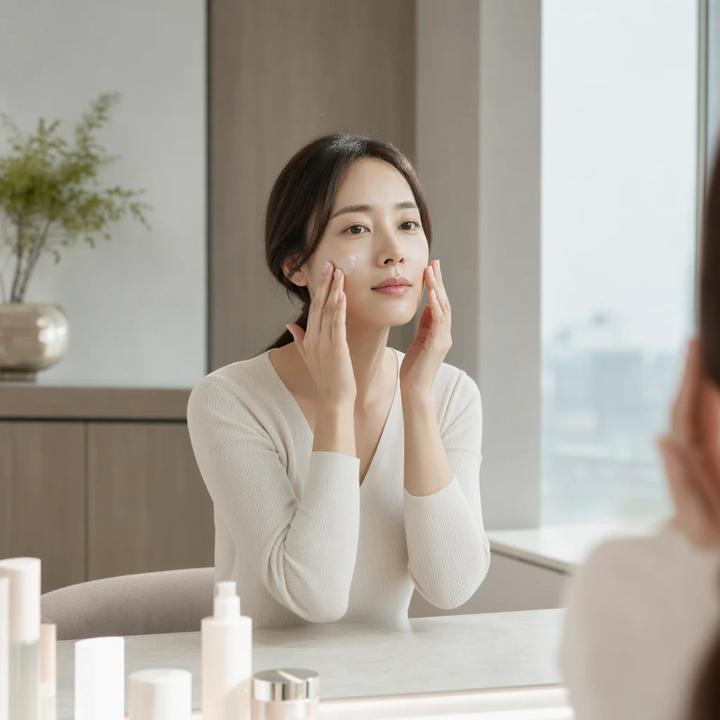 아침 세면대에서 부드럽게 보습하는 일상적인 시술 후 관리 루틴