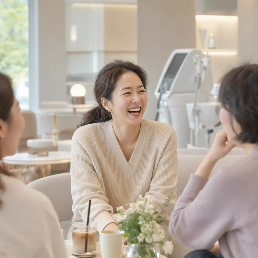 카페에서 친구들과 함께 웃는 자연스러운 표정 — 되찾은 자신감