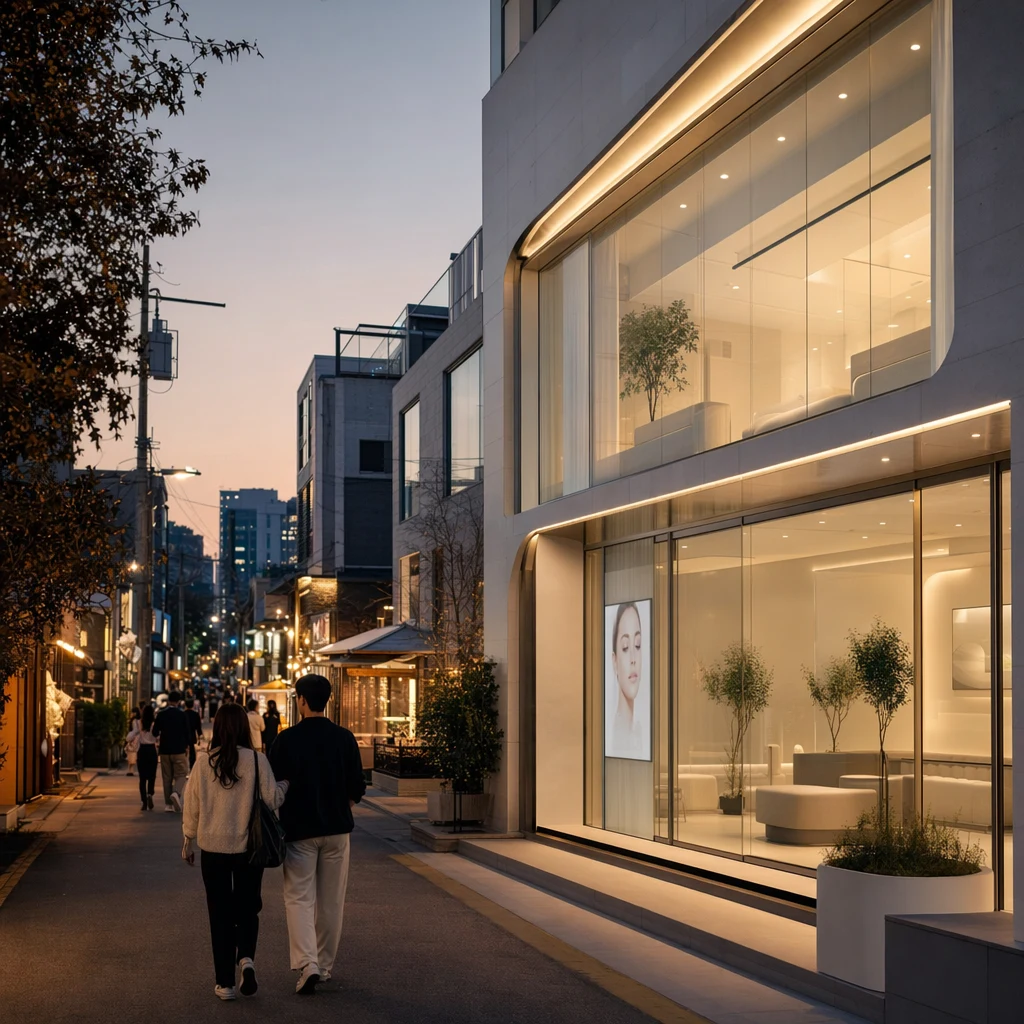 저녁 빛 아래의 합정 일대 거리 풍경