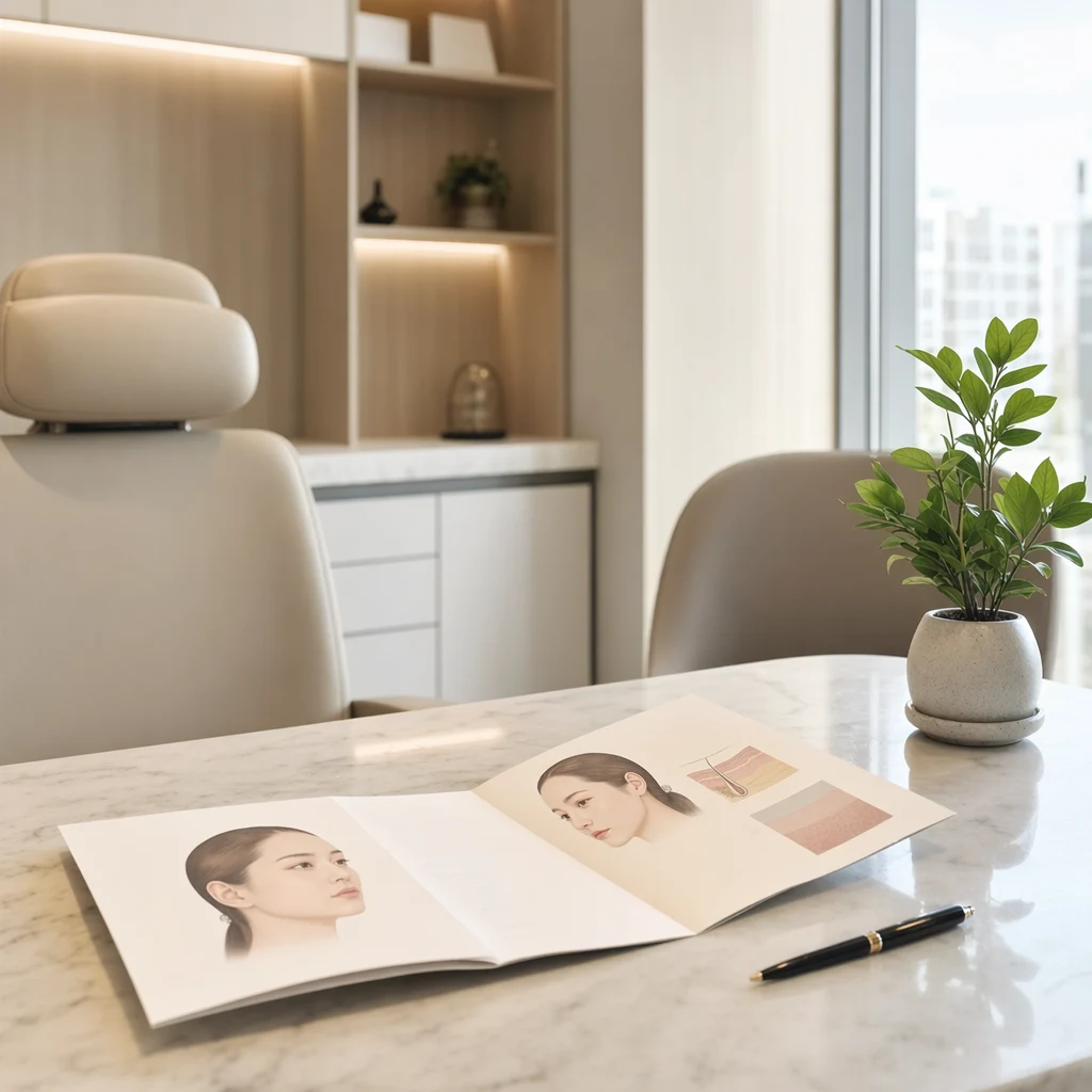 차분한 상담실에서 진료 기록지와 펜이 놓인 테이블