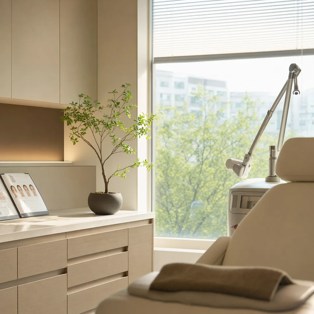 창밖 자연광을 받는 진료실 한구석, 식물과 진료 기록지