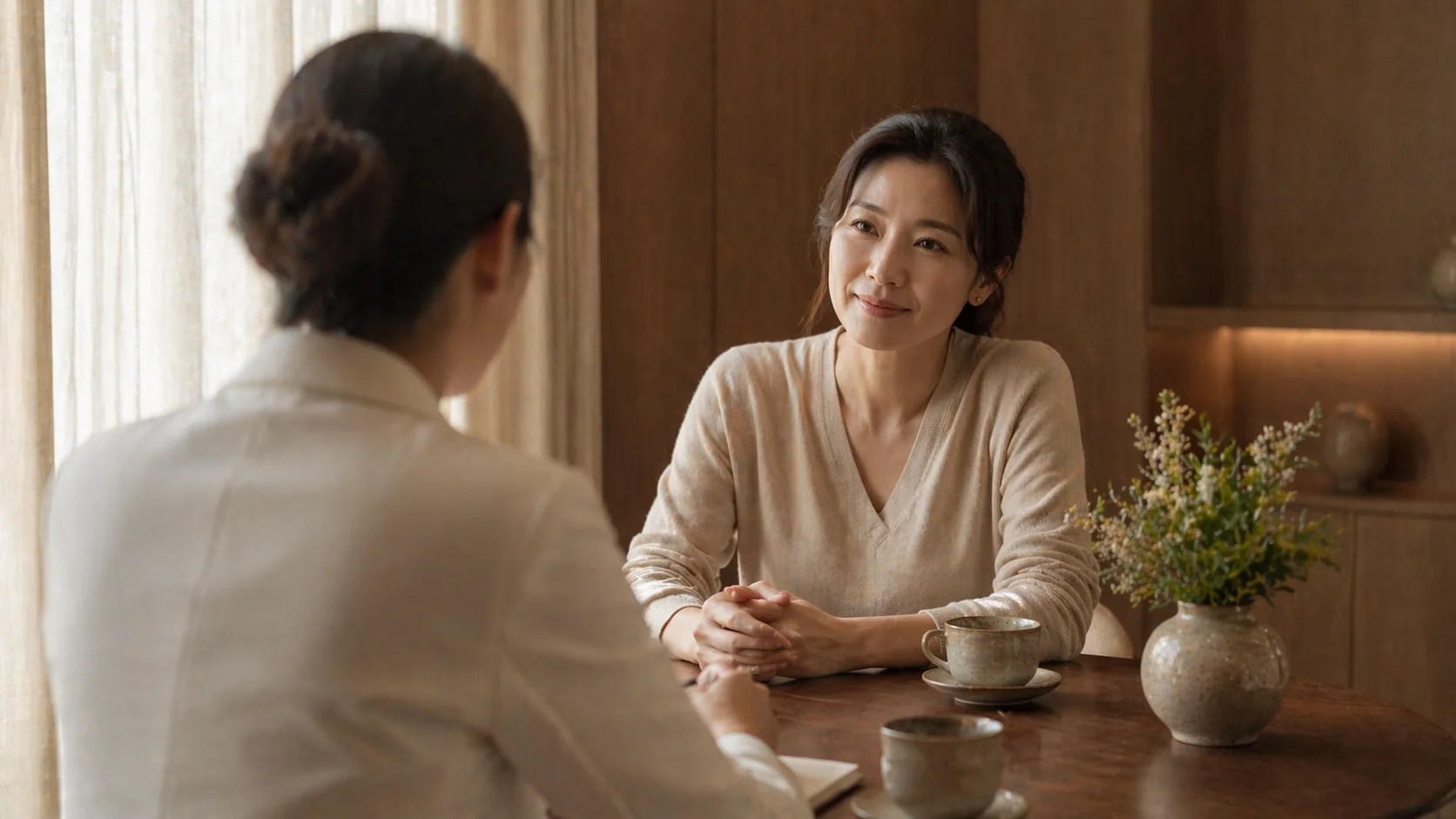 상담실에서 마주 앉아 대화를 나누는 의사와 환자의 뒷모습 — 정직하고 차분한 상담 분위기