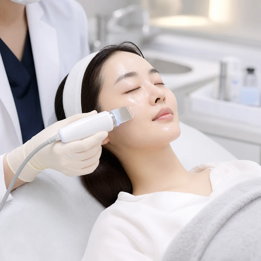 LDM 핸드피스가 볼 부위에 부드럽게 닿아 있는 시술 장면 — 진동을 통한 진피 마사지