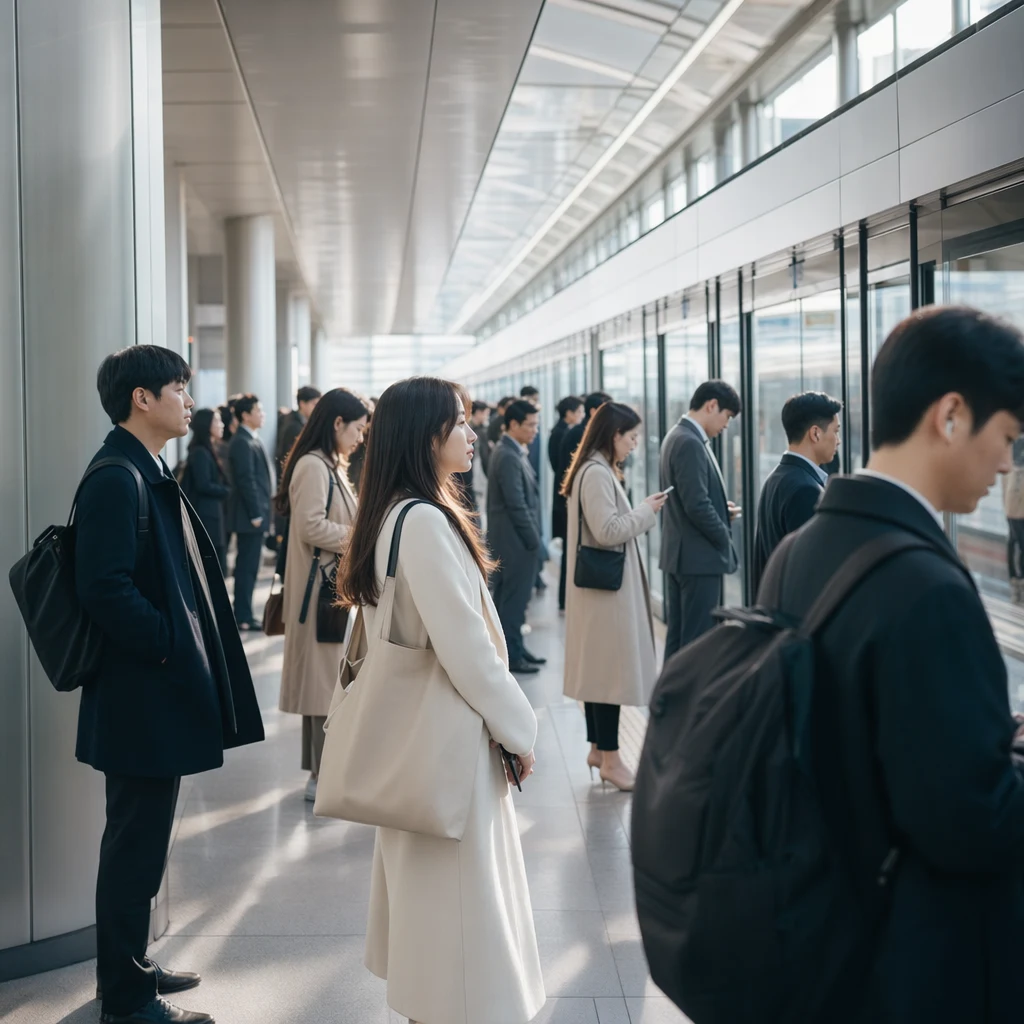 아침 출근길 지하철 플랫폼, 직장인들의 실루엣