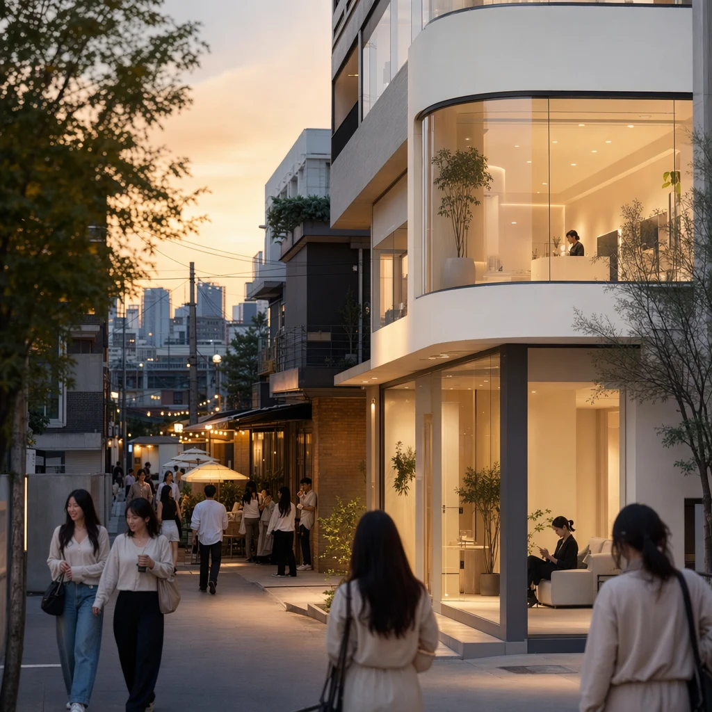 합정 일대의 저녁 거리, 카페와 상가의 따뜻한 조명