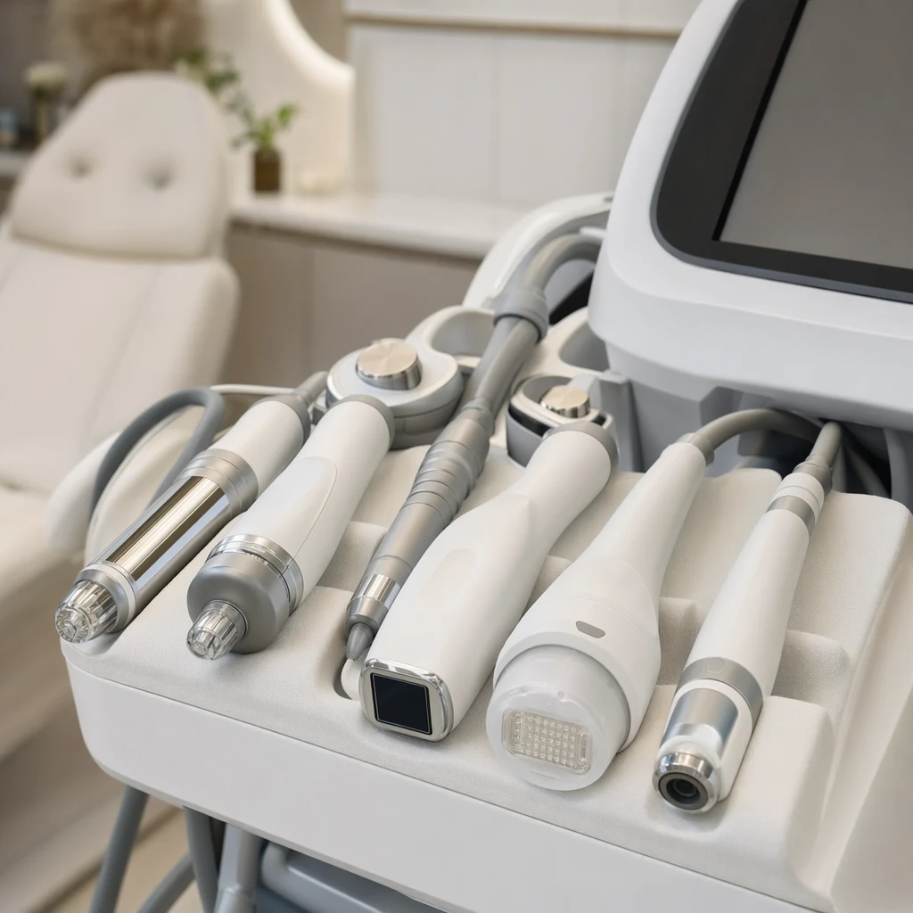 인모드 플랫폼 장비와 핸드피스 트레이가 가지런히 놓인 시술실 풍경