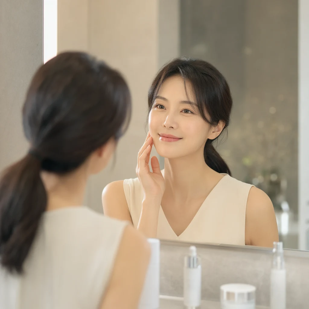 거울 앞에서 전체적인 탄력과 피부결을 체크하는 30대 중반 여성