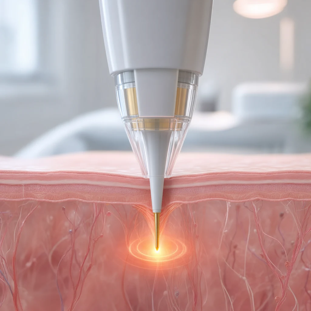 진피 중층에 RF 에너지를 정확히 놓는 마이크로니들의 개념 이미지
