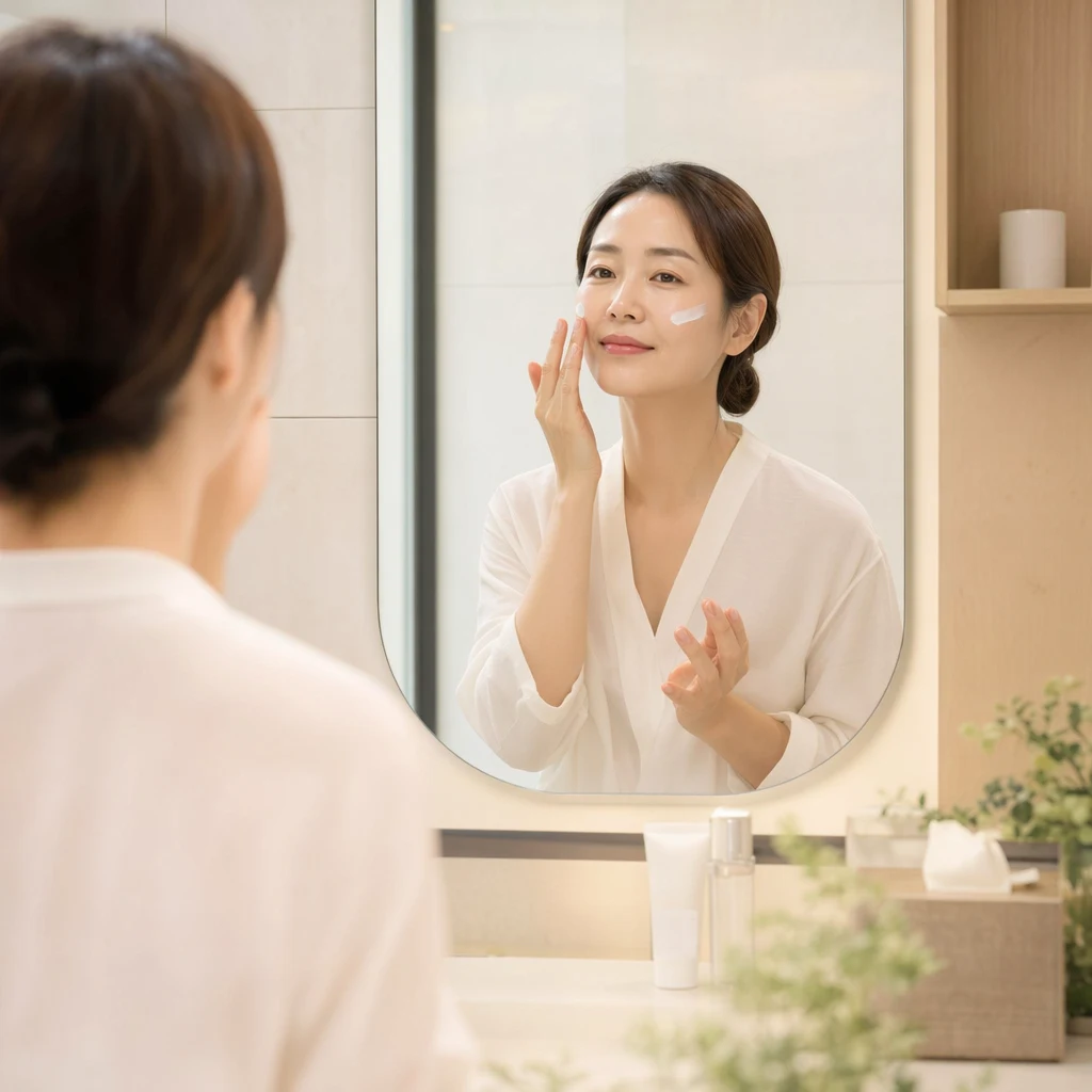 세면대 앞에서 시술 후 자외선 차단제를 꼼꼼히 덧바르는 회복 루틴