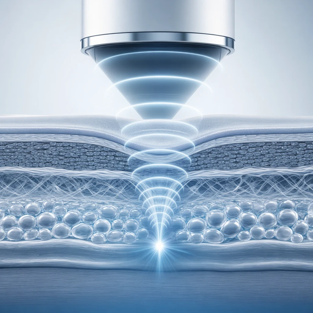 집속 초음파가 한 점으로 에너지를 모아 피부 깊은 층을 가열하는 개념 이미지
