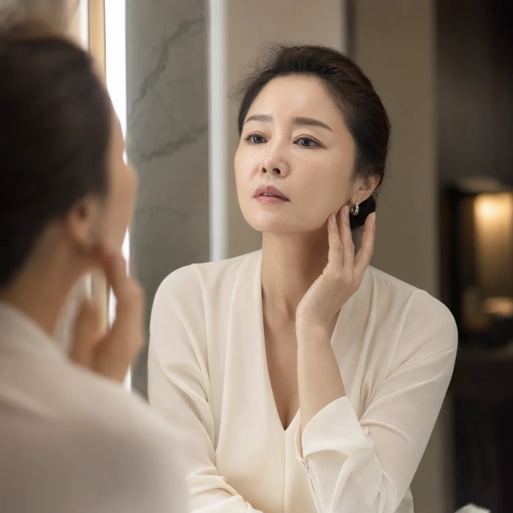 거울 앞에서 턱선과 볼 라인을 체크하며 시술 선택을 고민하는 순간