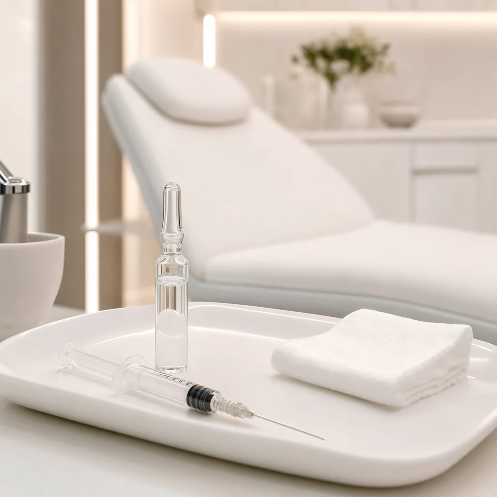 리쥬란 앰플과 주사기가 가지런히 놓인 시술실 정물