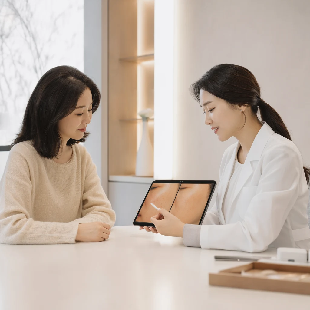 같은 얼굴을 리쥬란·쥬베룩 관점에서 평가하는 상담 장면