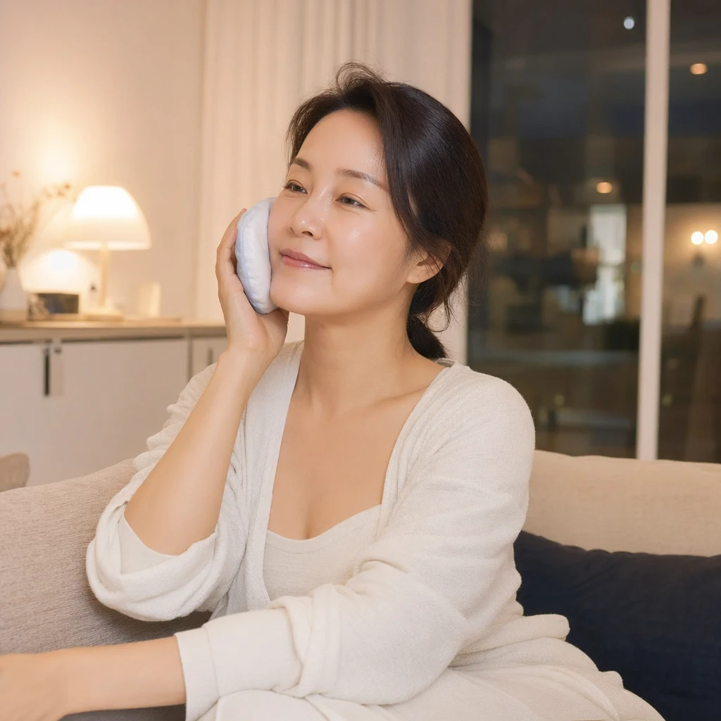 평일 저녁 귀가 후 냉찜질로 가벼운 부기를 관리하는 모습