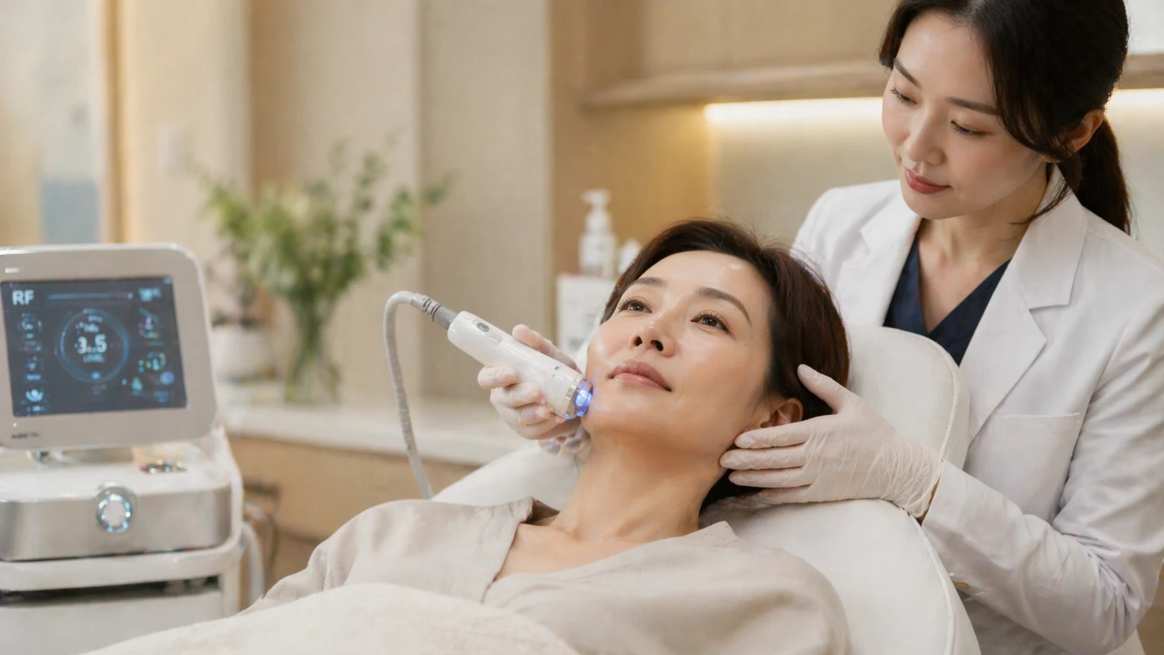 써마지 FLX로 턱선을 따라 고주파 에너지를 전달하는 시술 장면