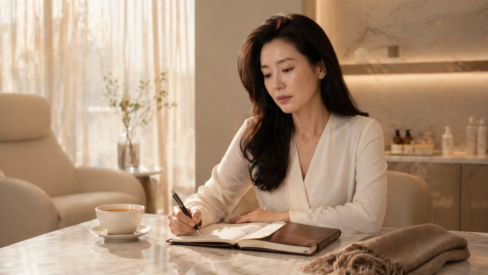 노트에 울쎄라와 써마지를 나란히 적어 두고 비교하며 상담을 준비하는 모습