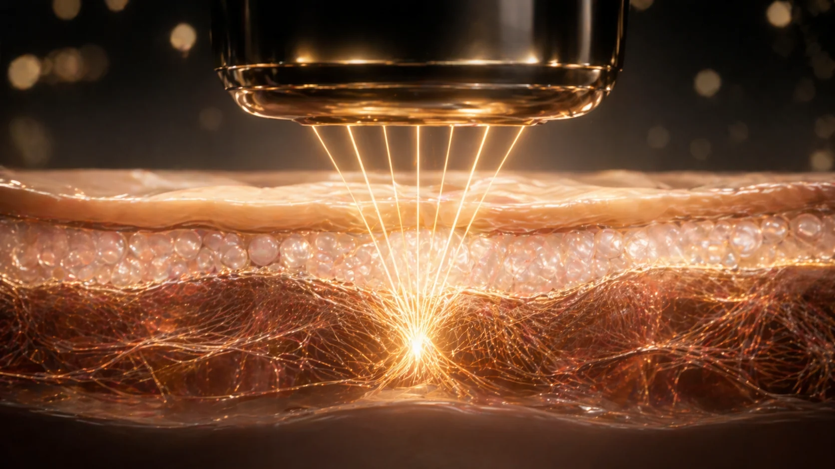 집속 초음파(HIFU)가 한 점으로 에너지를 모아 SMAS층에 도달하는 개념 이미지