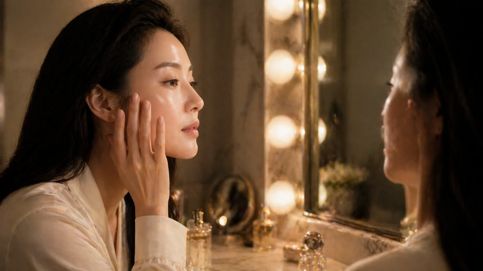 거울 앞에서 자신의 턱선과 전체 피부 탄력을 살펴보며 어느 쪽이 맞을지 고민하는 장면