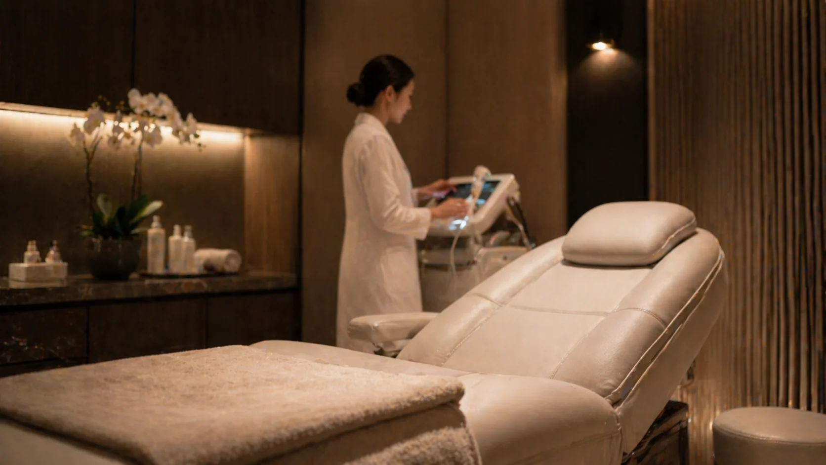 차분한 조명의 시술실에서 울쎄라 장비와 준비된 도구들이 놓인 풍경