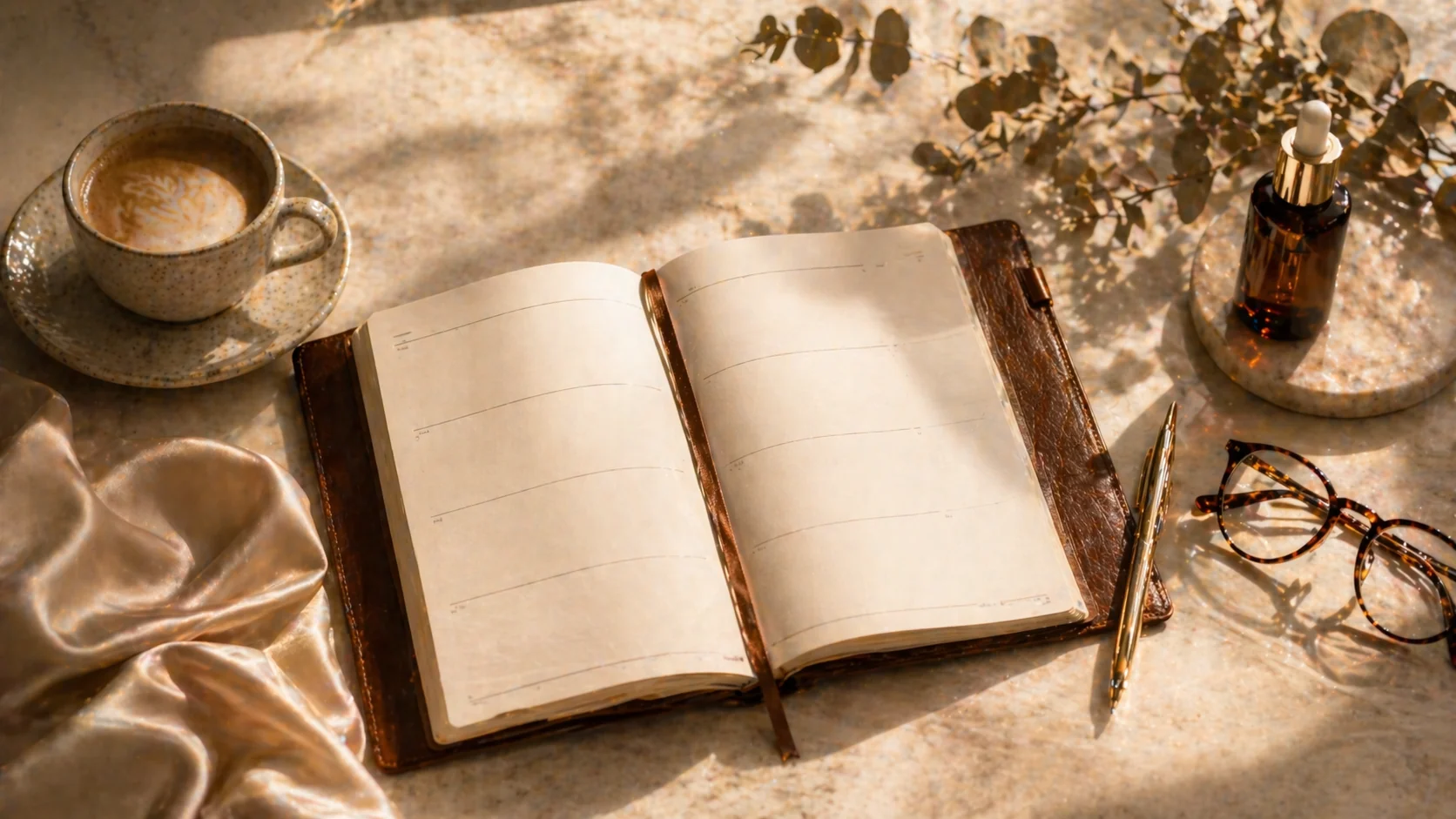 다이어리와 펜, 달력이 놓인 플랫레이로 표현한 연간 리프팅 플래닝