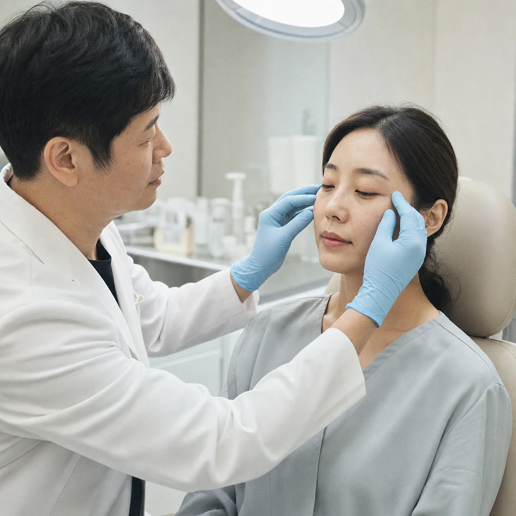 피부과 의사가 환자의 눈 밑 부위를 진찰하는 모습
