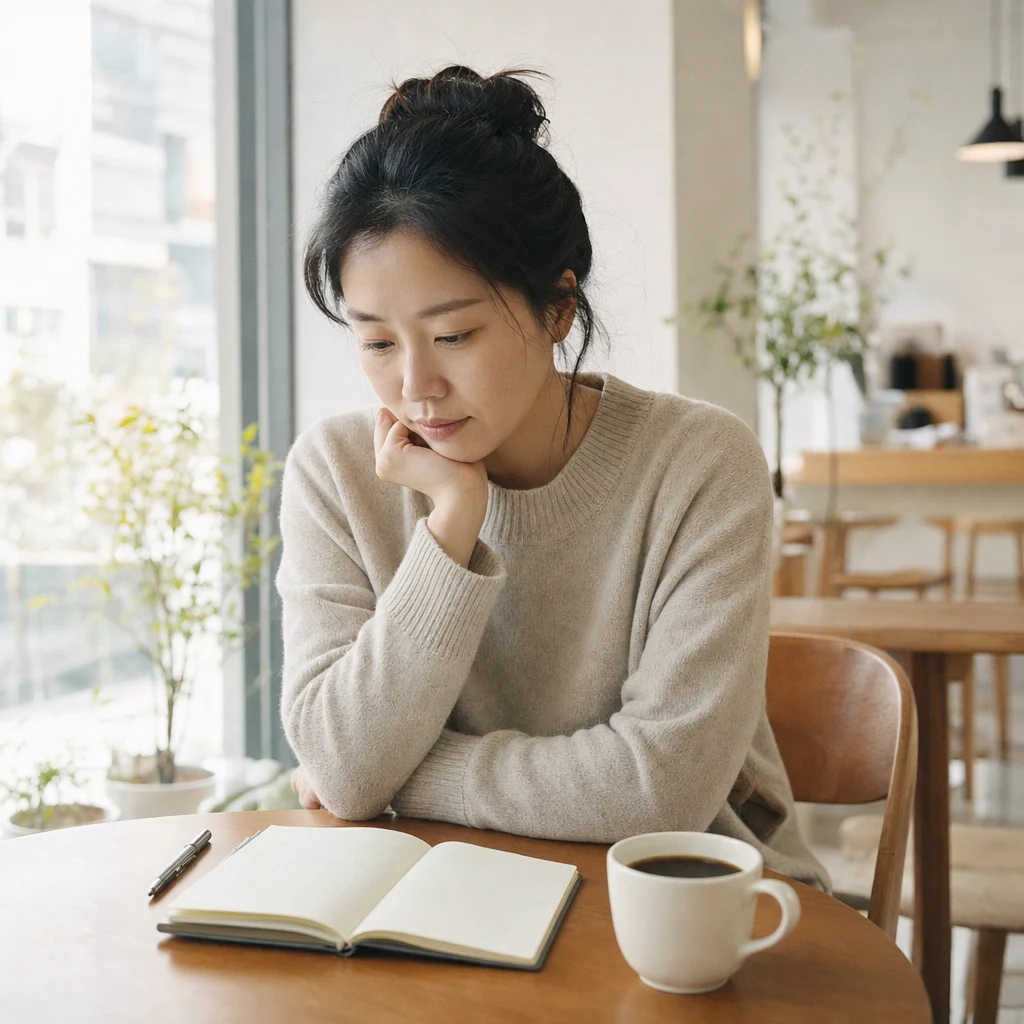 카페에서 노트를 보며 시술 정보를 정리하는 여성
