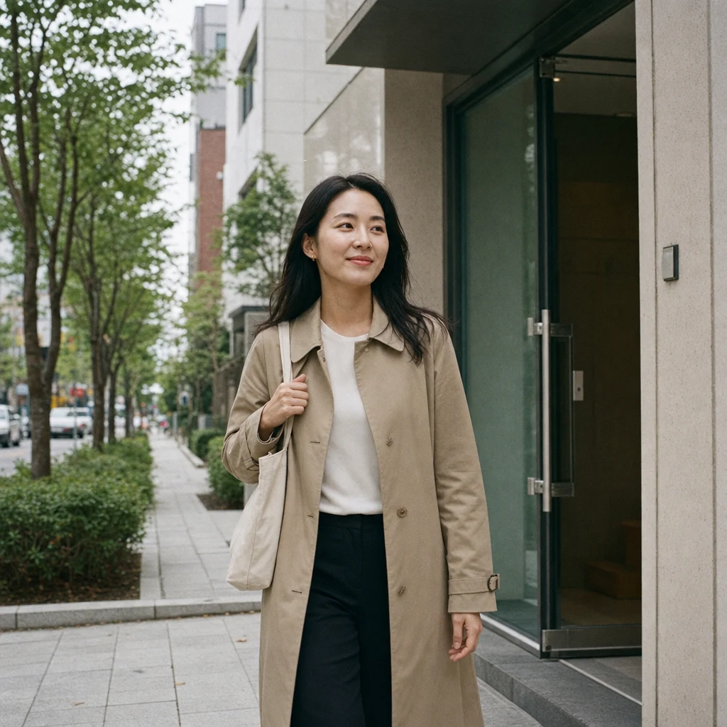 마포 거리에서 클리닉 건물을 나오는 여성