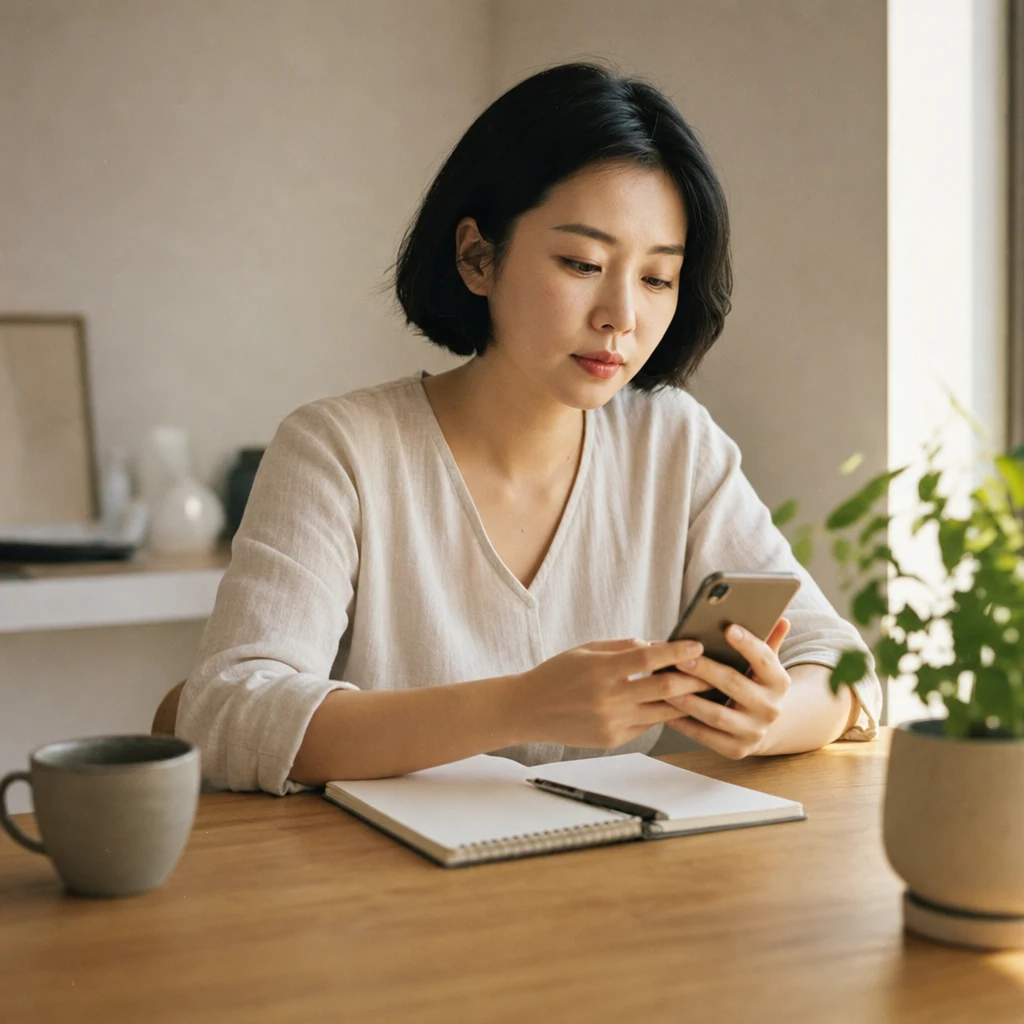 스마트폰 캘린더로 시술 스케줄을 계획하는 여성