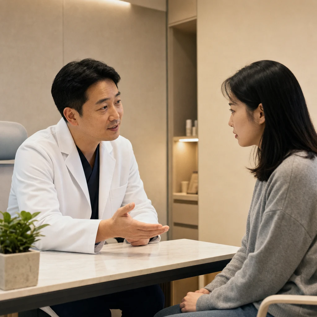 결절 부작용에 대해 환자에게 차분히 설명하는 피부과 의사