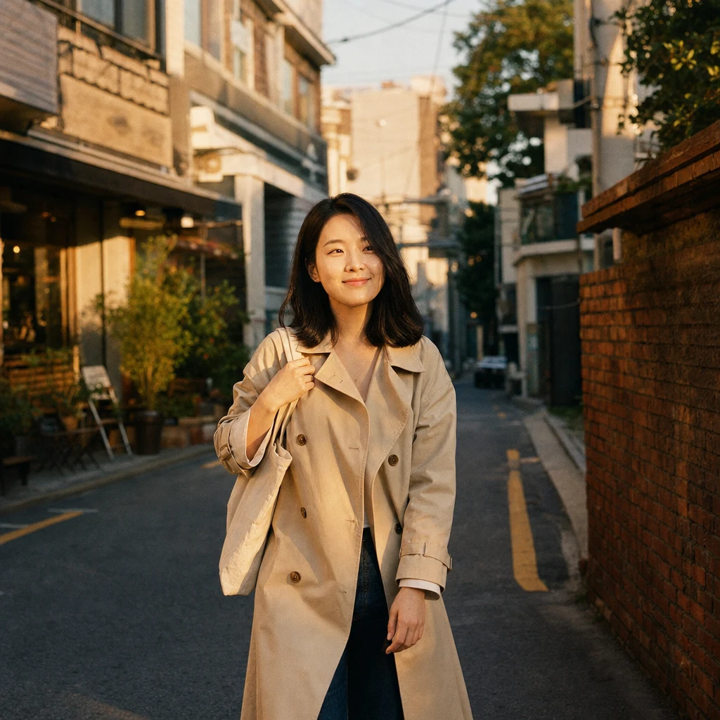 상수 골목길을 자신감 있게 걷는 20대 여성, 황금빛 노을