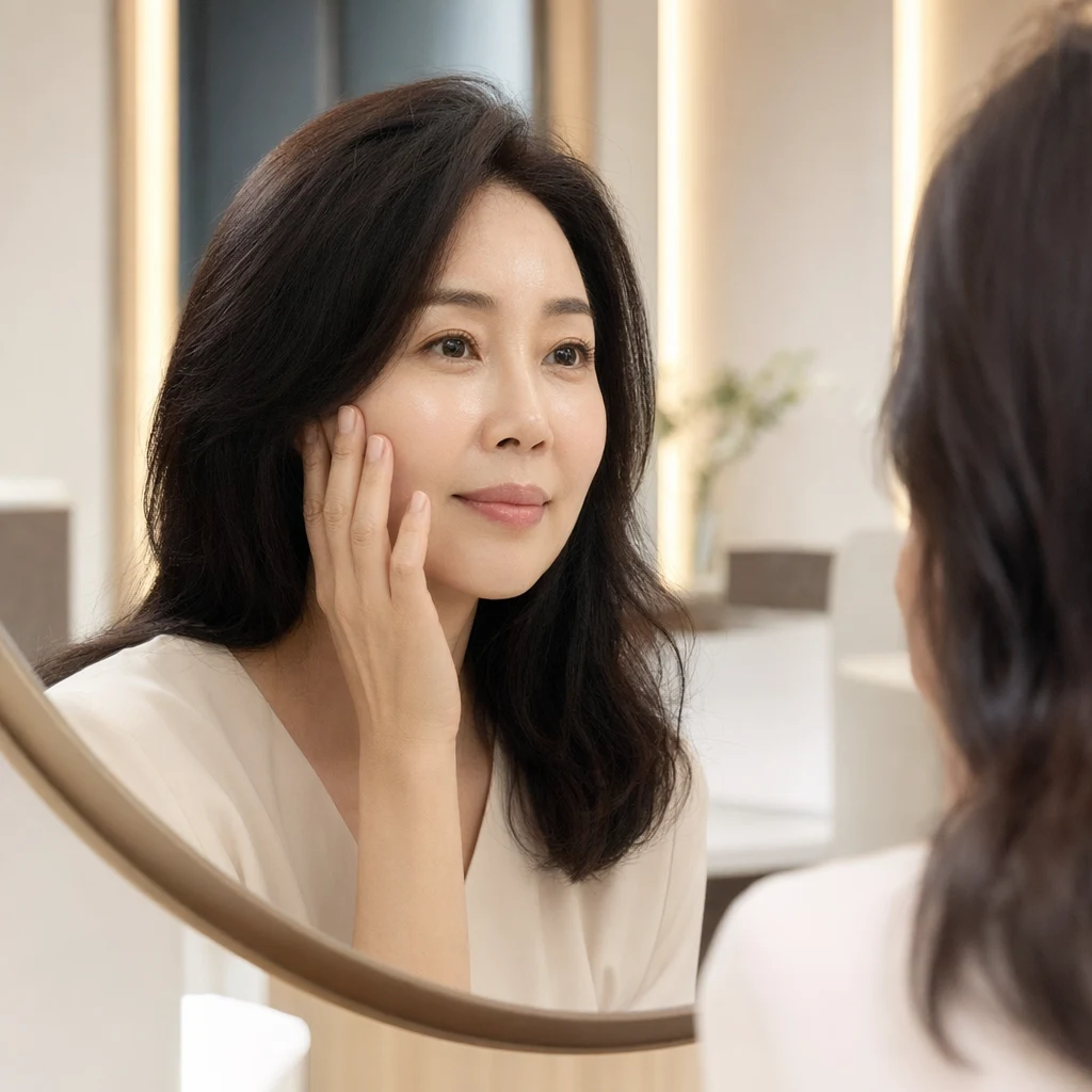 거울 앞에서 탄탄해진 피부를 만져보는 순간 — 써마지의 실감 효과