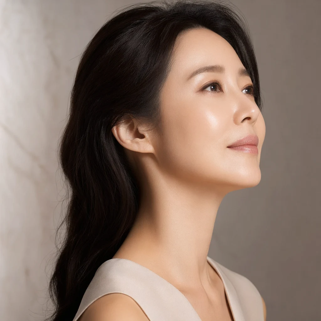 길고 우아한 목선과 리프팅된 턱선 프로필 — SMAS층 리프팅의 결과
